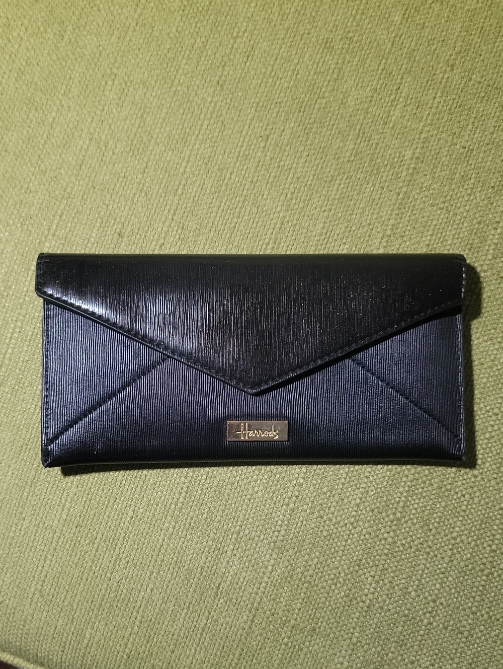 Harrods Black Envelope Wallet with Gold Logo Plaque